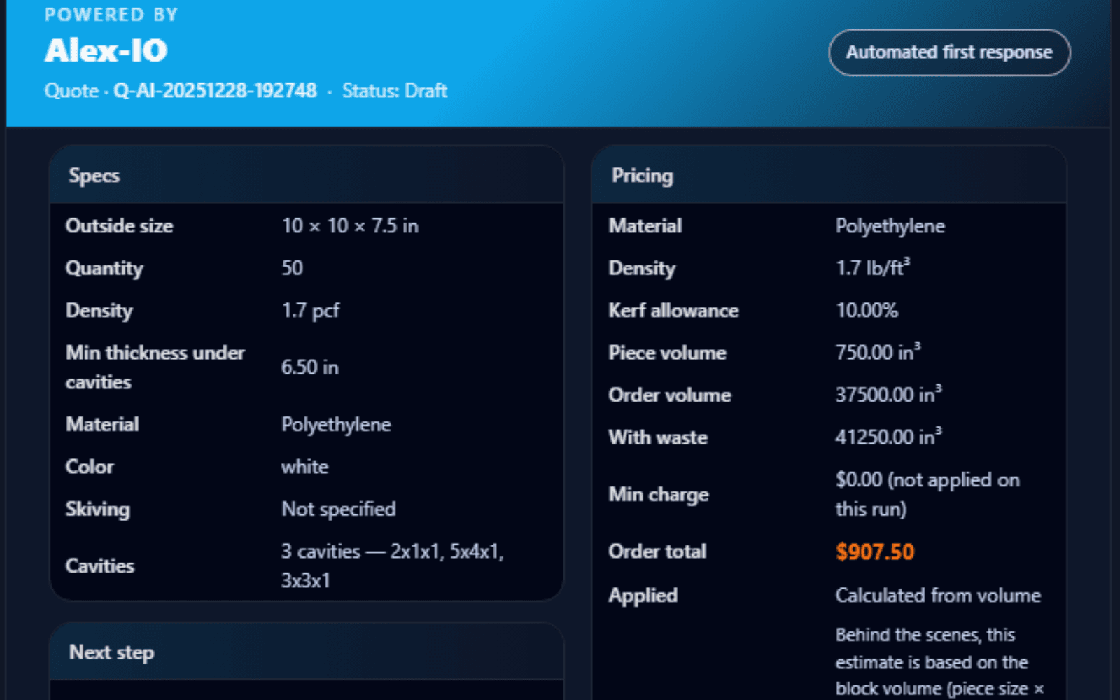 Alex-IO interactive quote summary